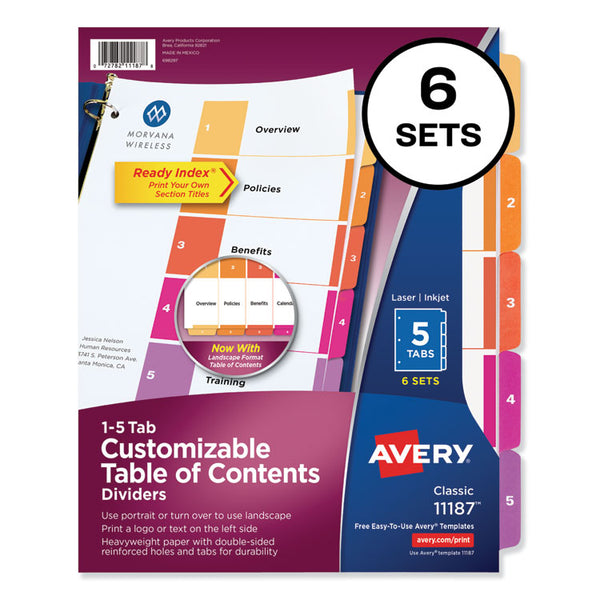 Avery® Customizable TOC Ready Index Multicolor Tab Dividers, 5-Tab, 1 to 5, 11 x 8.5, White, Traditional Color Tabs, 6 Sets (AVE11187)