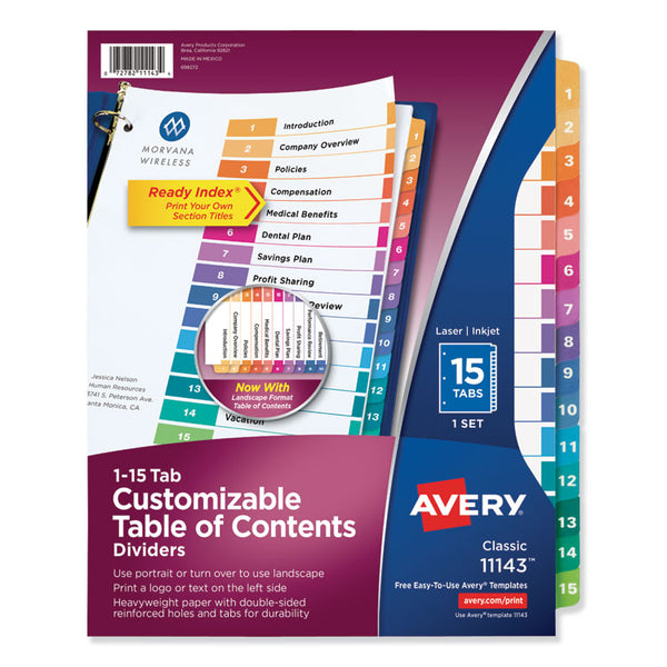 Avery® Customizable TOC Ready Index Multicolor Tab Dividers, 15-Tab, 1 to 15, 11 x 8.5, White, Traditional Color Tabs, 1 Set (AVE11143)