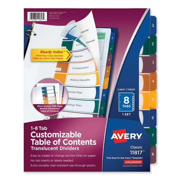 Avery® Customizable Table of Contents Ready Index Dividers with Multicolor Tabs, 8-Tab, 1 to 8, 11 x 8.5, Translucent, 1 Set (AVE11817)