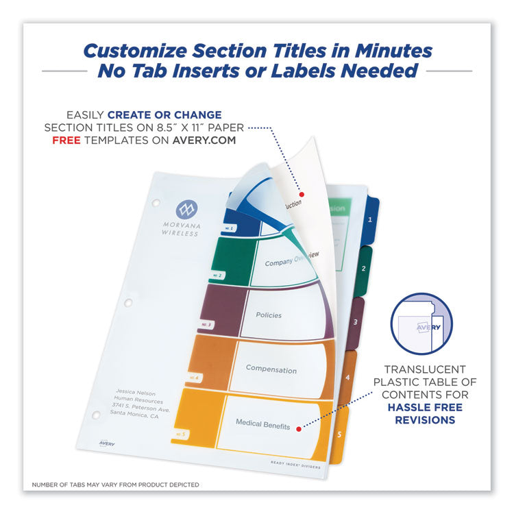 Avery® Customizable Table of Contents Ready Index Dividers with Multicolor Tabs, 5-Tab, 1 to 5, 11 x 8.5, Translucent, 1 Set (AVE11816)