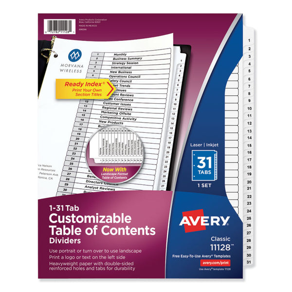 Avery® Customizable TOC Ready Index Black and White Dividers, 31-Tab, 1 to 31, 11 x 8.5, 1 Set (AVE11128)