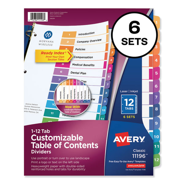 Avery® Customizable TOC Ready Index Multicolor Tab Dividers, 12-Tab, 1 to 12, 11 x 8.5, White, Traditional Color Tabs, 6 Sets (AVE11196)