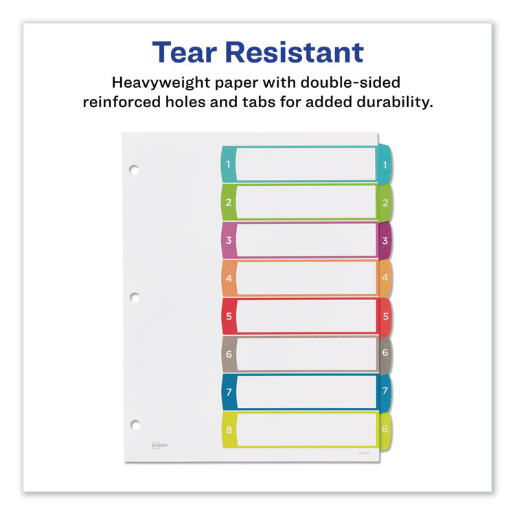 Avery® Customizable TOC Ready Index Multicolor Tab Dividers, 8-Tab, 1 to 8, 11 x 8.5, White, Contemporary Color Tabs, 1 Set (AVE11841)