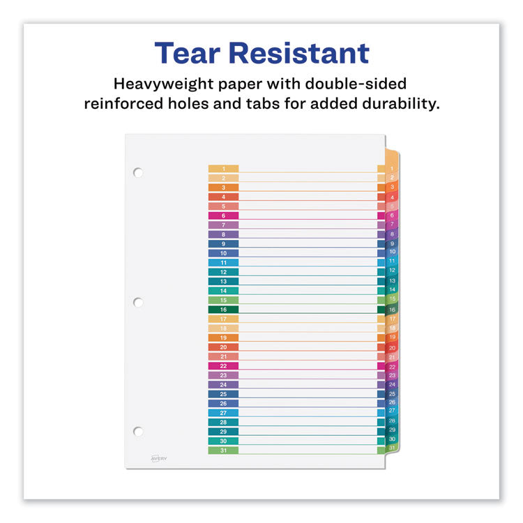 Avery® Customizable Table of Contents Ready Index Dividers with Multicolor Tabs, 31-Tab, 1 to 31, 11 x 8.5, White, 1 Set (AVE11084)