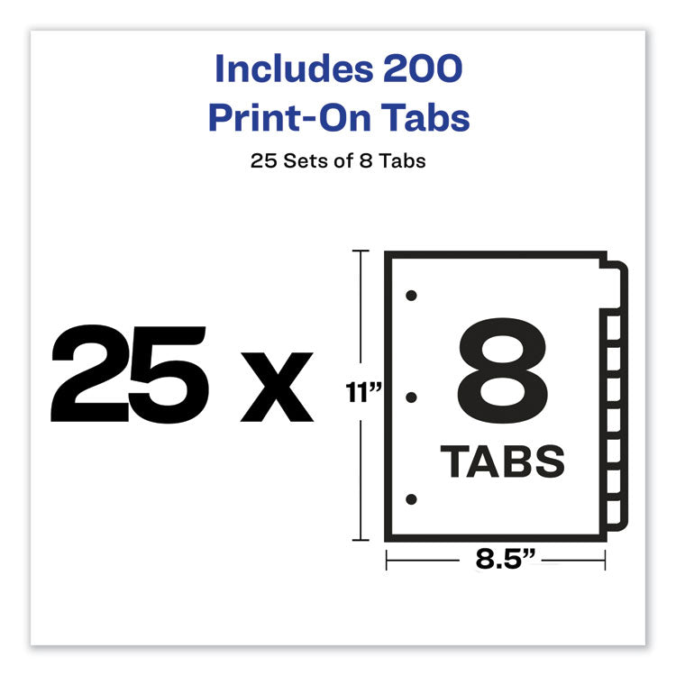 Avery® Customizable Print-On Dividers, 3-Hole Punched, 8-Tab, 11 x 8.5, White, 25 Sets (AVE11554)