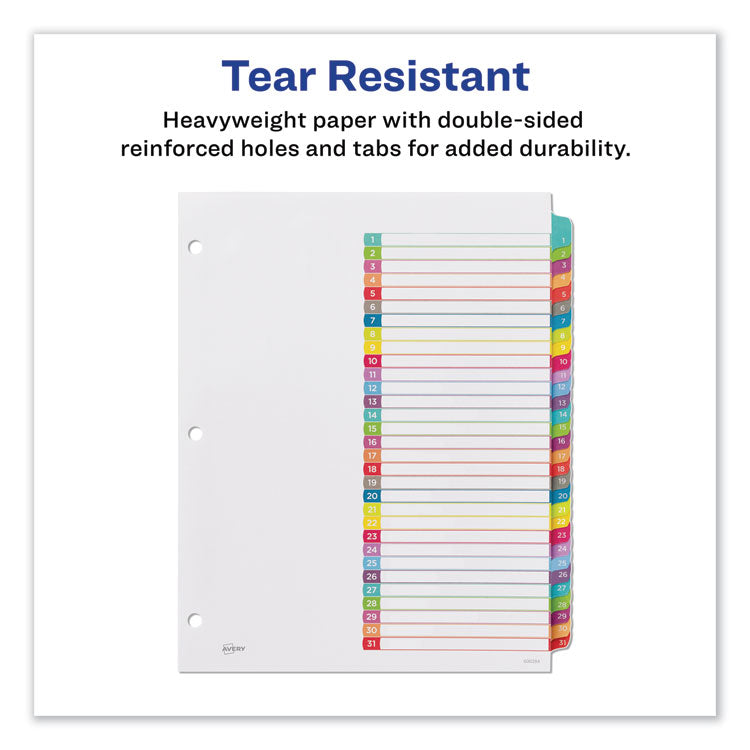 Avery® Customizable TOC Ready Index Multicolor Tab Dividers, 31-Tab, 1 to 31, 11 x 8.5, White, Contemporary Color Tabs, 1 Set (AVE11846)