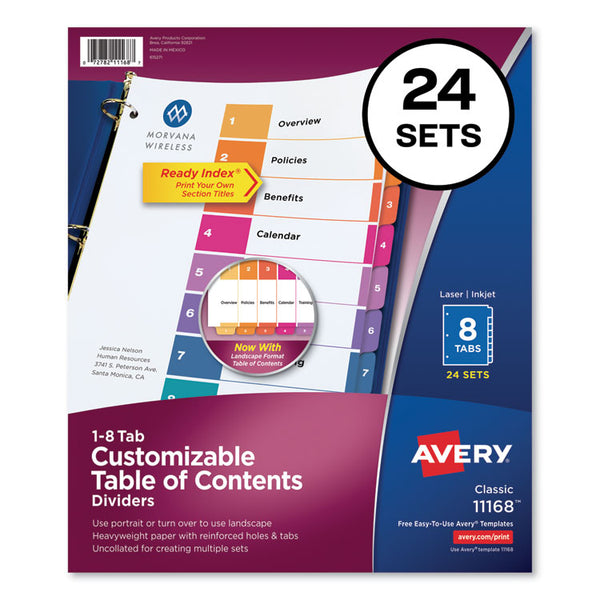 Avery® Customizable TOC Ready Index Multicolor Tab Dividers, Uncollated, 8-Tab, 1 to 8, 11 x 8.5, White, 24 Sets (AVE11168)