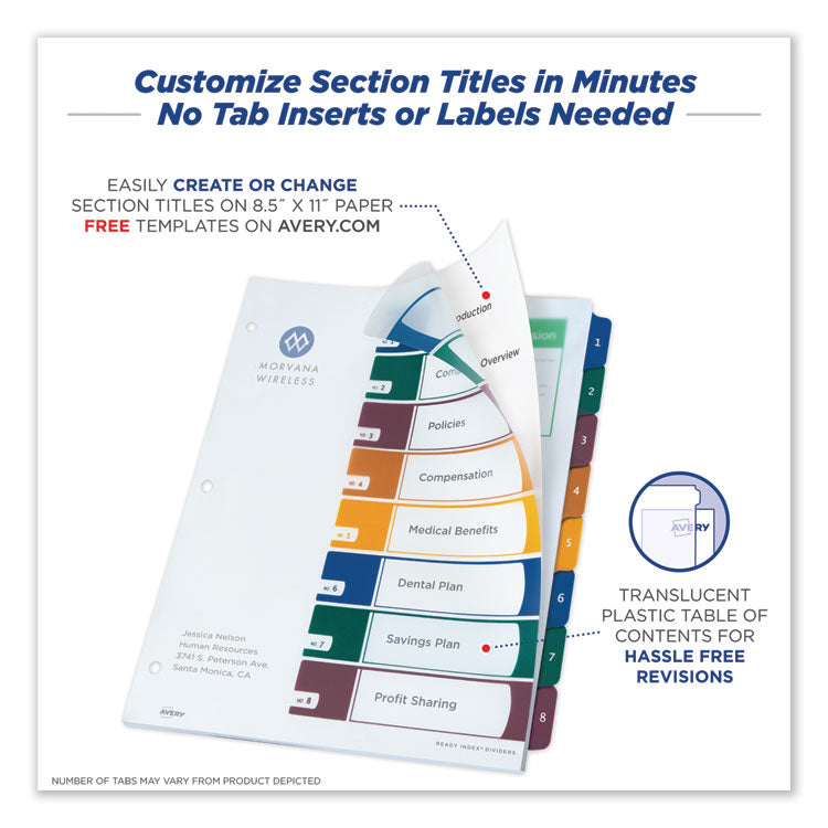 Avery® Customizable Table of Contents Ready Index Dividers with Multicolor Tabs, 8-Tab, 1 to 8, 11 x 8.5, Translucent, 1 Set (AVE11817)