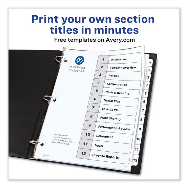 Avery® Customizable TOC Ready Index Black and White Dividers, 12-Tab, 1 to 12, 11 x 8.5, 1 Set (AVE11140)