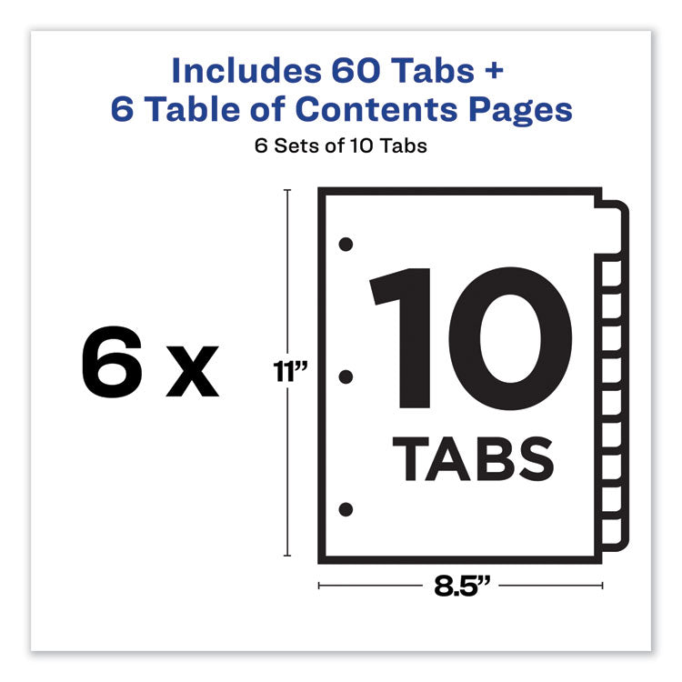 Avery® Customizable TOC Ready Index Multicolor Tab Dividers, 10-Tab, 1 to 10, 11 x 8.5, White, Traditional Color Tabs, 6 Sets (AVE11188)