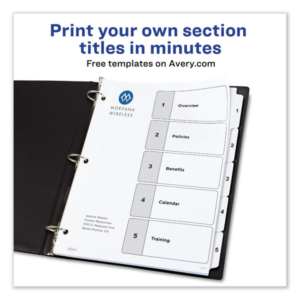 Avery® Customizable TOC Ready Index Black and White Dividers, 5-Tab, 1 to 5, 11 x 8.5, 1 Set (AVE11130)