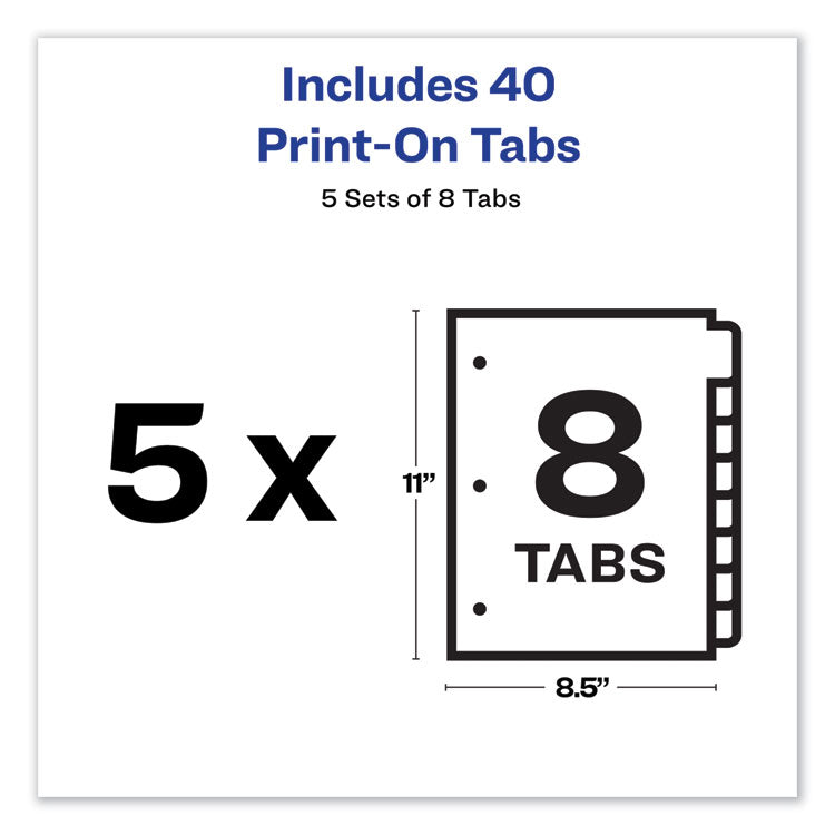 Avery® Customizable Print-On Dividers, 3-Hole Punched, 8-Tab, 11 x 8.5, White, 5 Sets (AVE11552)