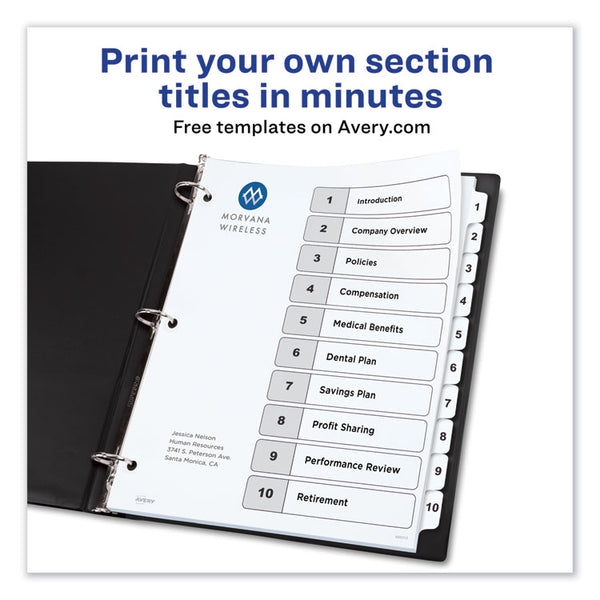 Avery® Customizable TOC Ready Index Black and White Dividers, 10-Tab, 1 to 10, 11 x 8.5, 1 Set (AVE11134)