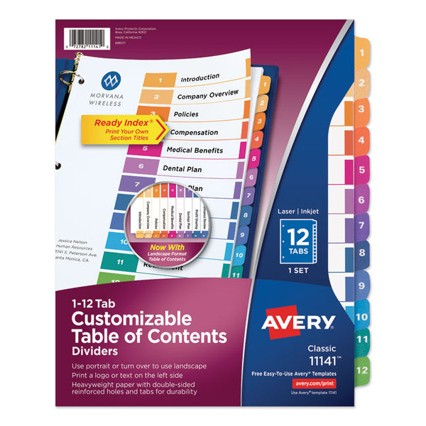 Avery® Customizable TOC Ready Index Multicolor Tab Dividers, 12-Tab, 1 to 12, 11 x 8.5, White, Traditional Color Tabs, 1 Set (AVE11141)