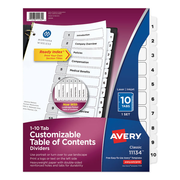 Avery® Customizable TOC Ready Index Black and White Dividers, 10-Tab, 1 to 10, 11 x 8.5, 1 Set (AVE11134)