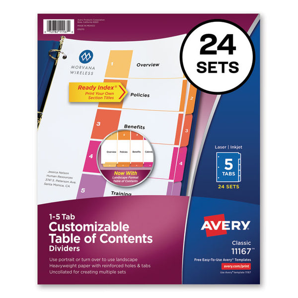 Avery® Customizable TOC Ready Index Multicolor Tab Dividers, Uncollated, 5-Tab, 1 to 5, 11 x 8.5, White, 24 Sets (AVE11167)