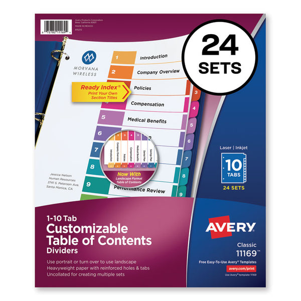 Avery® Customizable TOC Ready Index Multicolor Tab Dividers, Uncollated, 10-Tab, 1 to 10, 11 x 8.5, White, 24 Sets (AVE11169)
