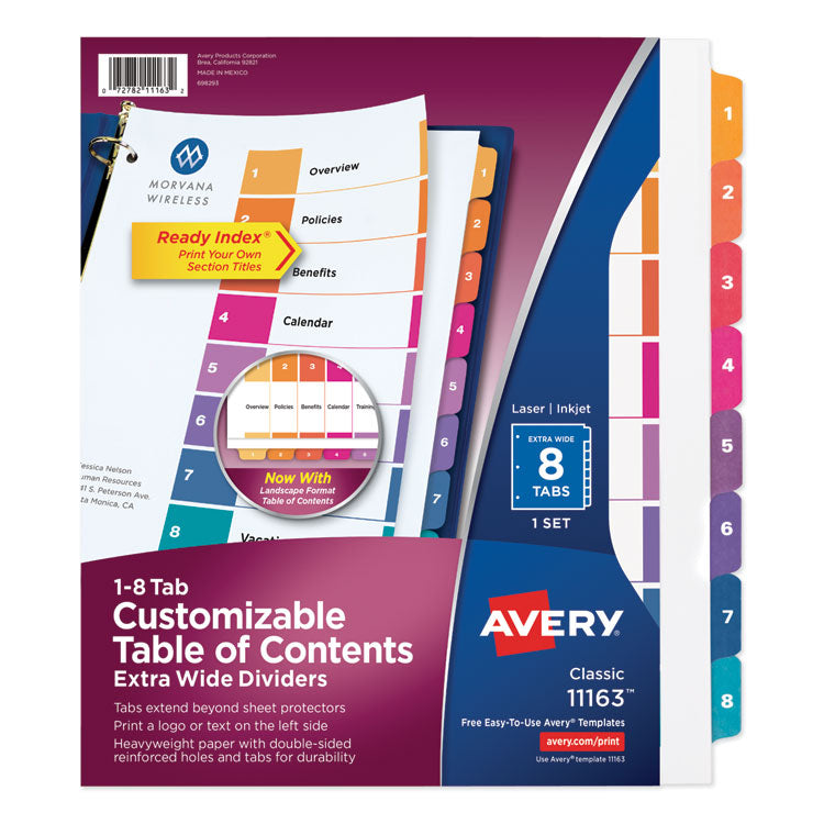 Avery® Customizable TOC Ready Index Multicolor Tab Dividers, Extra Wide Tabs, 8-Tab, 1 to 8, 11 x 9.25, White, 1 Set (AVE11163)