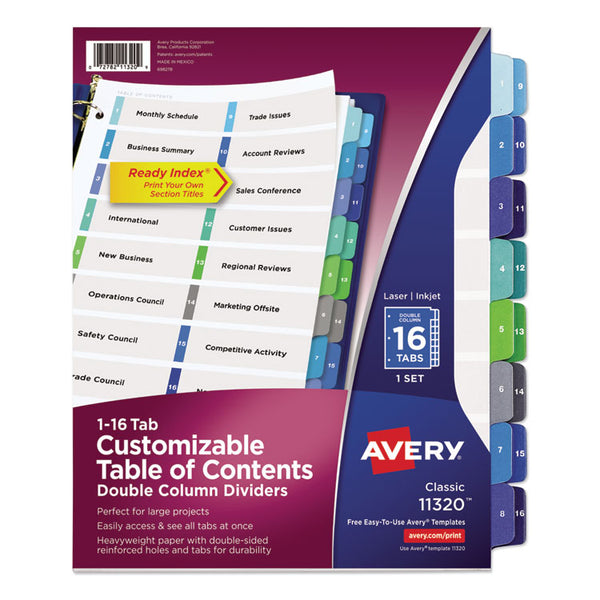 Avery® Customizable TOC Ready Index Double Column Multicolor Tab Dividers, 16-Tab, 1 to 16, 11 x 8.5, White, 1 Set (AVE11320)
