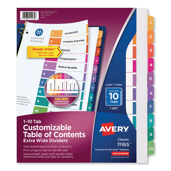 Avery® Customizable TOC Ready Index Multicolor Tab Dividers, Extra Wide Tabs, 10-Tab, 1 to 10, 11 x 9.25, White, 1 Set (AVE11165)