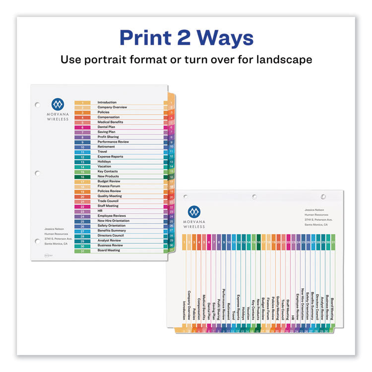 Avery® Customizable Table of Contents Ready Index Dividers with Multicolor Tabs, 31-Tab, 1 to 31, 11 x 8.5, White, 1 Set (AVE11084)