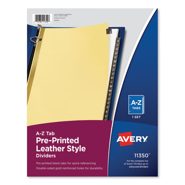 Avery® Preprinted Black Leather Tab Dividers w/Gold Reinforced Edge, 25-Tab, A to Z, 11 x 8.5, Buff, 1 Set (AVE11350)