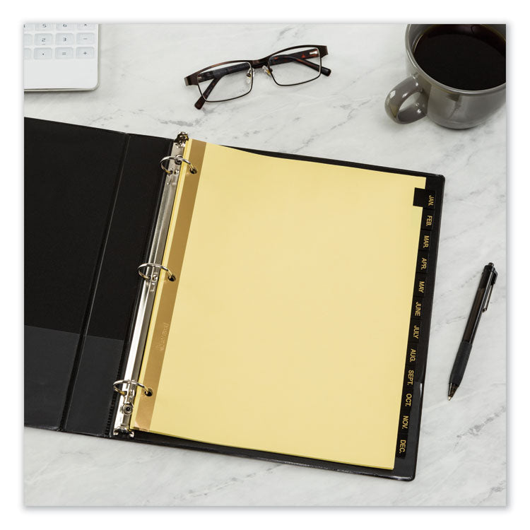 Avery® Preprinted Black Leather Tab Dividers w/Gold Reinforced Edge, 12-Tab, Jan. to Dec., 11 x 8.5, Buff, 1 Set (AVE11351)