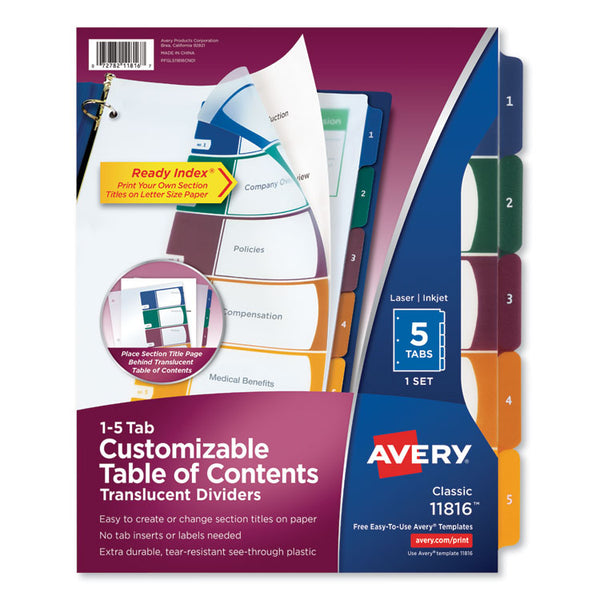 Avery® Customizable Table of Contents Ready Index Dividers with Multicolor Tabs, 5-Tab, 1 to 5, 11 x 8.5, Translucent, 1 Set (AVE11816)