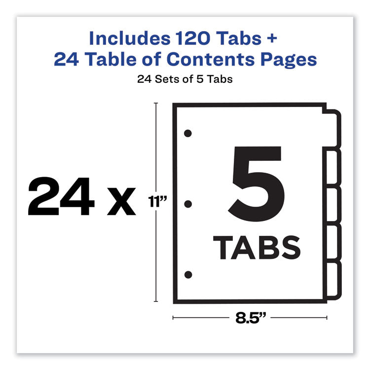 Avery® Customizable TOC Ready Index Multicolor Tab Dividers, Uncollated, 5-Tab, 1 to 5, 11 x 8.5, White, 24 Sets (AVE11167)