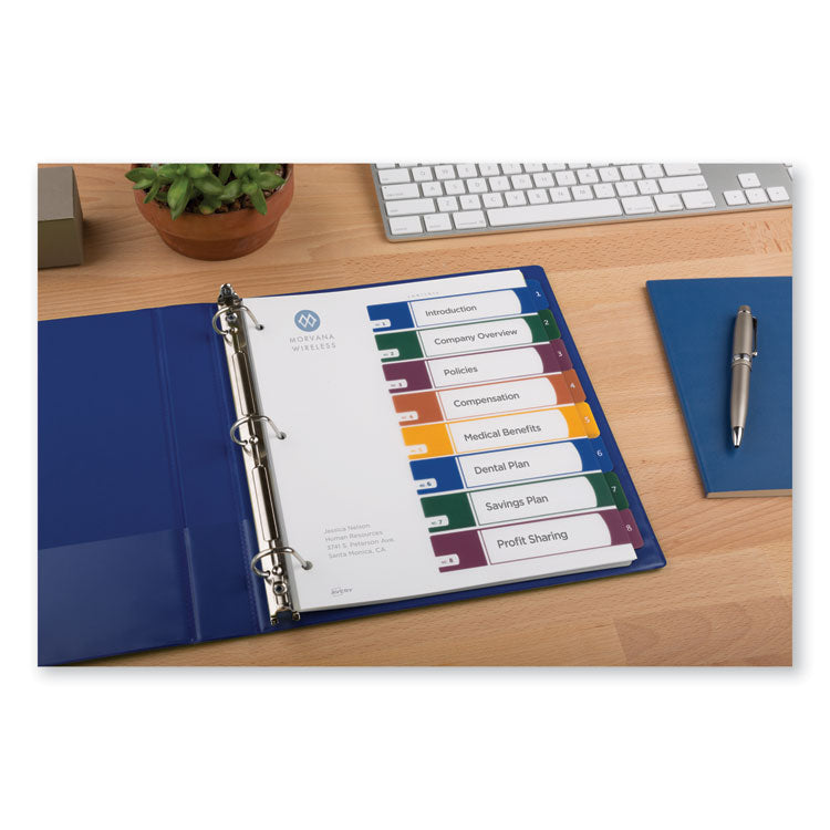 Avery® Customizable Table of Contents Ready Index Dividers with Multicolor Tabs, 8-Tab, 1 to 8, 11 x 8.5, Translucent, 1 Set (AVE11817)