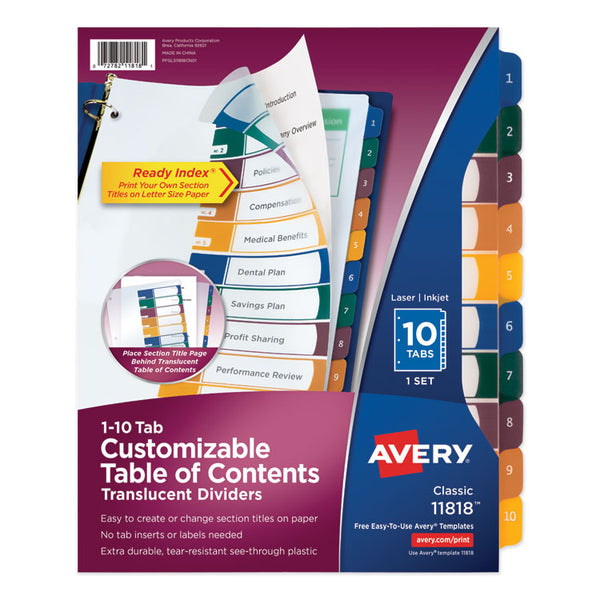 Avery® Customizable Table of Contents Ready Index Dividers with Multicolor Tabs, 10-Tab, 1 to 10, 11 x 8.5, Translucent, 1 Set (AVE11818)
