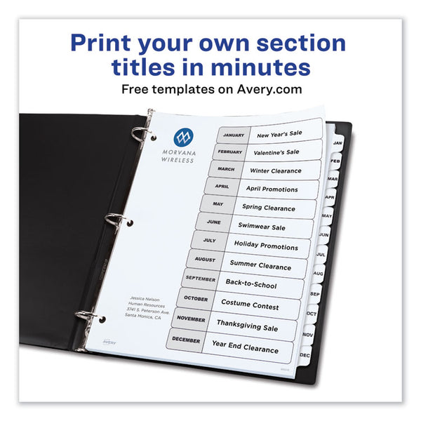 Avery® Customizable TOC Ready Index Black and White Dividers, 12-Tab, Jan. to Dec., 11 x 8.5, 1 Set (AVE11126)