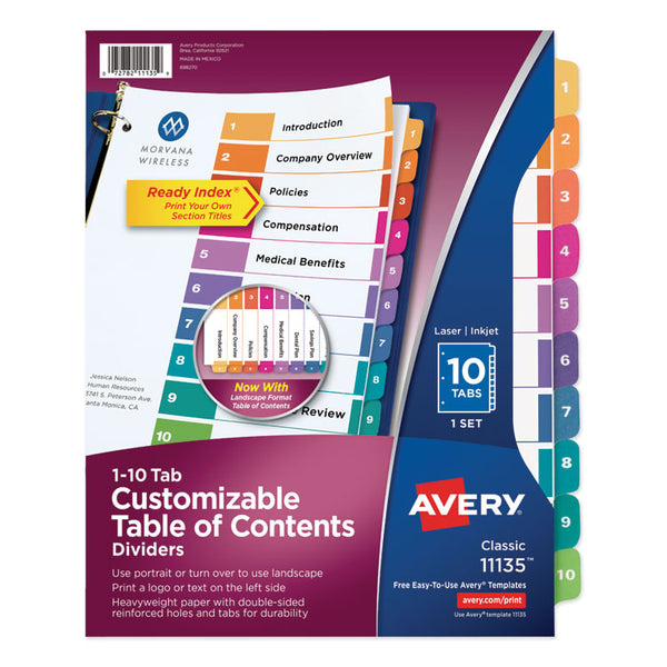 Avery® Customizable TOC Ready Index Multicolor Tab Dividers, 10-Tab, 1 to 10, 11 x 8.5, White, Traditional Color Tabs, 1 Set (AVE11135)
