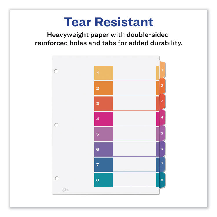 Avery® Customizable TOC Ready Index Multicolor Tab Dividers, 8-Tab, 1 to 8, 11 x 8.5, White, Traditional Color Tabs, 6 Sets (AVE11186)