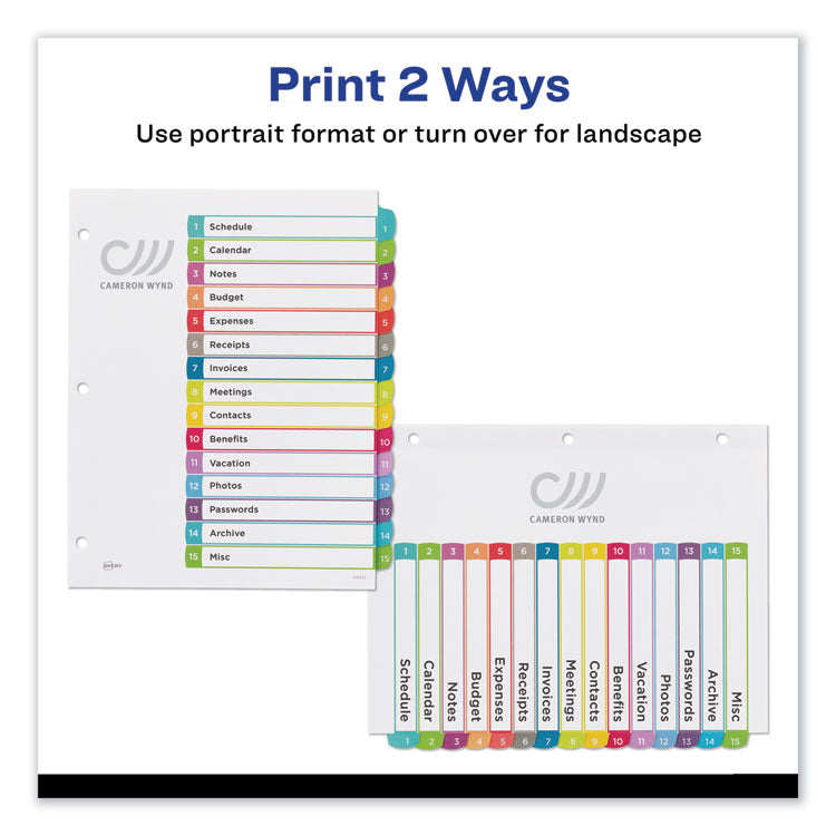 Avery® Customizable TOC Ready Index Multicolor Tab Dividers, 15-Tab, 1 to 15, 11 x 8.5, White, Contemporary Color Tabs, 1 Set (AVE11845) Set of 15