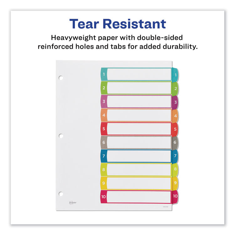 Avery® Customizable TOC Ready Index Multicolor Tab Dividers, 10-Tab, 1 to 10, 11 x 8.5, White, Contemporary Color Tabs, 1 Set (AVE11842)