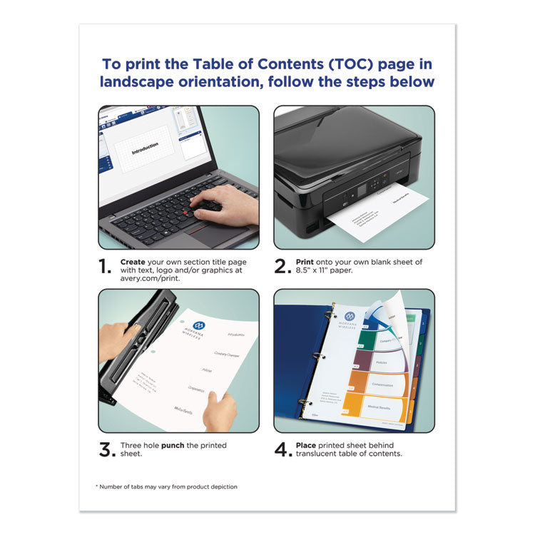 Avery® Customizable Table of Contents Ready Index Dividers with Multicolor Tabs, 5-Tab, 1 to 5, 11 x 8.5, Translucent, 1 Set (AVE11816)