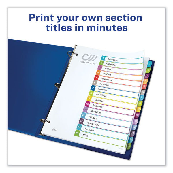 Avery® Customizable TOC Ready Index Multicolor Tab Dividers, 15-Tab, 1 to 15, 11 x 8.5, White, Contemporary Color Tabs, 1 Set (AVE11845)