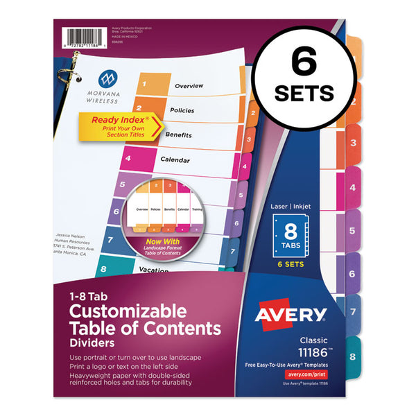 Avery® Customizable TOC Ready Index Multicolor Tab Dividers, 8-Tab, 1 to 8, 11 x 8.5, White, Traditional Color Tabs, 6 Sets (AVE11186)