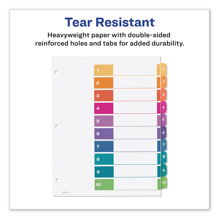 Avery® Customizable Table of Contents Ready Index Dividers with Multicolor Tabs, 10-Tab, 1 to 10, 11 x 8.5, White, 3 Sets (AVE11082)