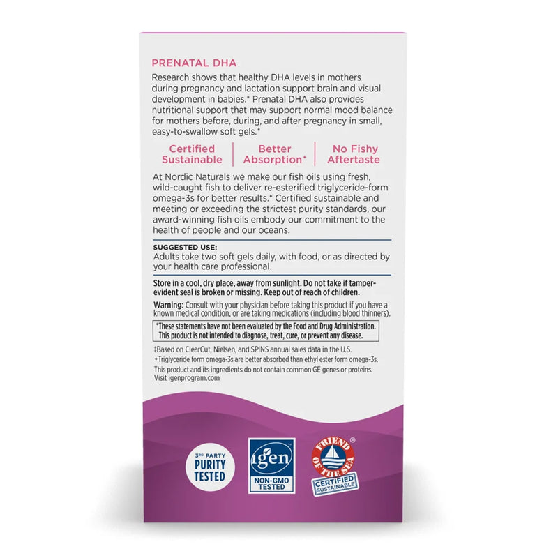 Nordic Naturals® Prenatal DHA Dietary Supplement Vitamin D3 10 mcg Strength Softgel 90 per Bottle (1264949_BT) 1/BT