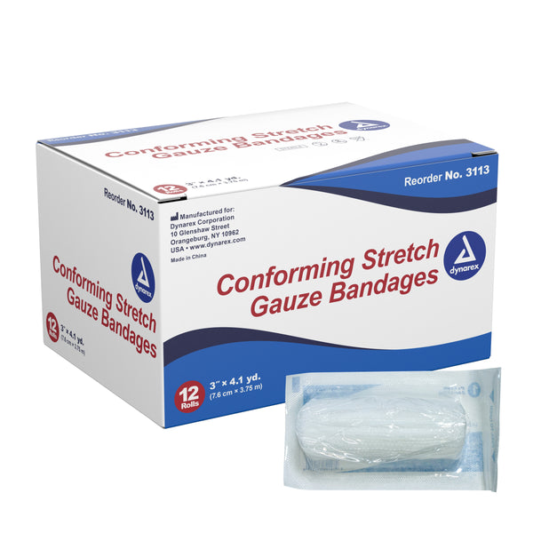 Dynarex® Conforming Bandage 3 Inch X 4-1/10 Yard 1-Ply Sterile 1 per Pouch (1049578_BG) 12/BG