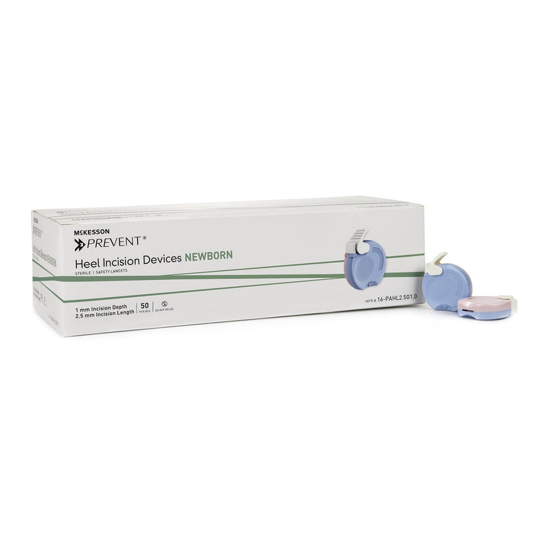 McKesson Prevent® Pediatric Lancet 2.5 mm Blade Retractable Push Button Activation Heel (1217980_BX) 50/BX