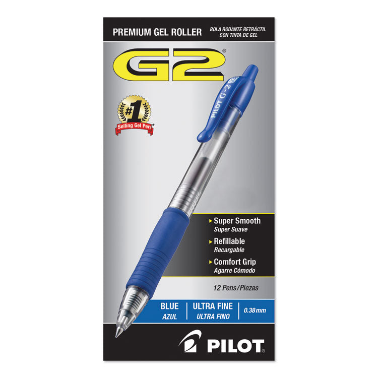 Pilot® G2 Premium Gel Pen Convenience Pack, Retractable, Extra-Fine 0.38 mm, Blue Ink, Smoke/Blue Barrel, Dozen (PIL31278) 1 Dozen