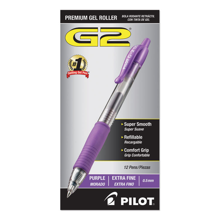 Pilot® G2 Premium Gel Pen, Retractable, Extra-Fine 0.5 mm, Purple Ink, Smoke/Purple Barrel, Dozen (PIL31006)