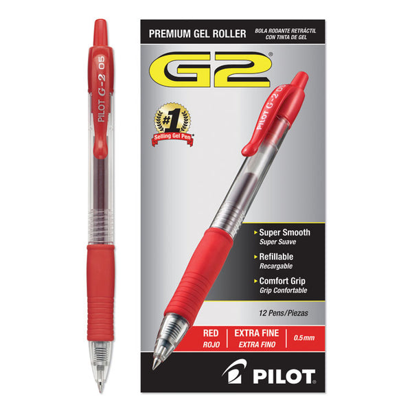 Pilot® G2 Premium Gel Pen, Retractable, Extra-Fine 0.5 mm, Red Ink, Smoke/Red Barrel, Dozen (PIL31004)