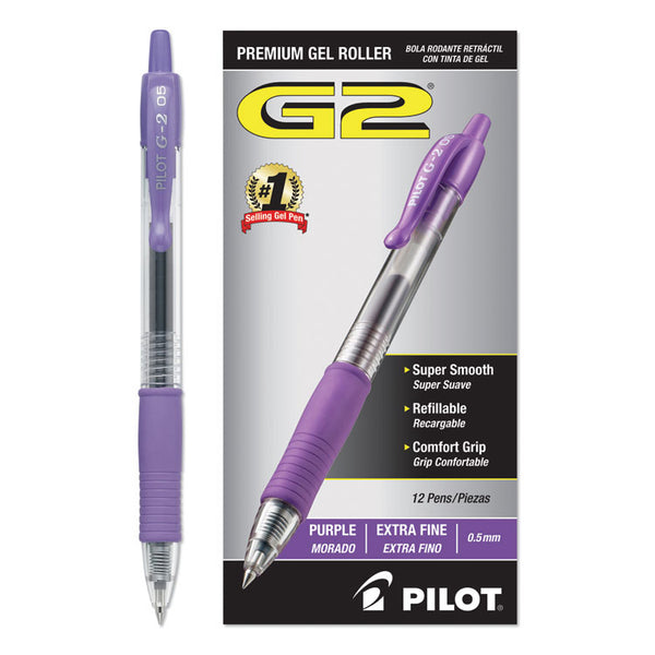 Pilot® G2 Premium Gel Pen, Retractable, Extra-Fine 0.5 mm, Purple Ink, Smoke/Purple Barrel, Dozen (PIL31006)