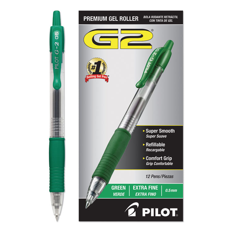 Pilot® G2 Premium Gel Pen, Retractable, Extra-Fine 0.5 mm, Green Ink, Smoke/Green Barrel, Dozen (PIL31005)