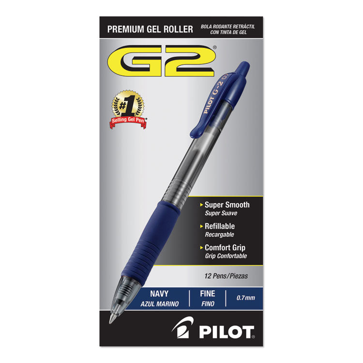 Pilot® G2 Premium Gel Pen, Retractable, Fine 0.7 mm, Navy Blue Ink, Smoke/Blue Barrel, Dozen (PIL31187)