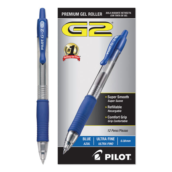 Pilot® G2 Premium Gel Pen Convenience Pack, Retractable, Extra-Fine 0.38 mm, Blue Ink, Smoke/Blue Barrel, Dozen (PIL31278)